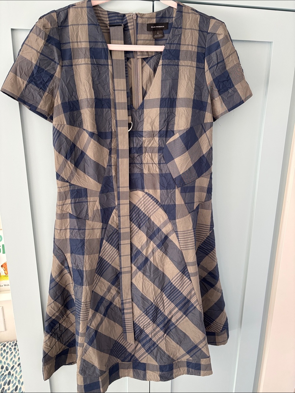 Club Monaco Blue and Taupe Plaid Fit-and-Flare Dress
